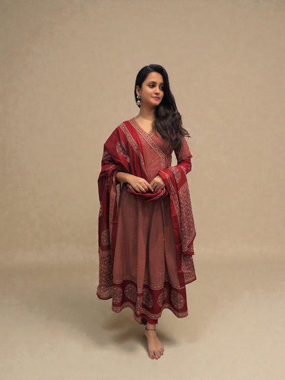 Rust printed cotton anarkali kurta set with dupatta