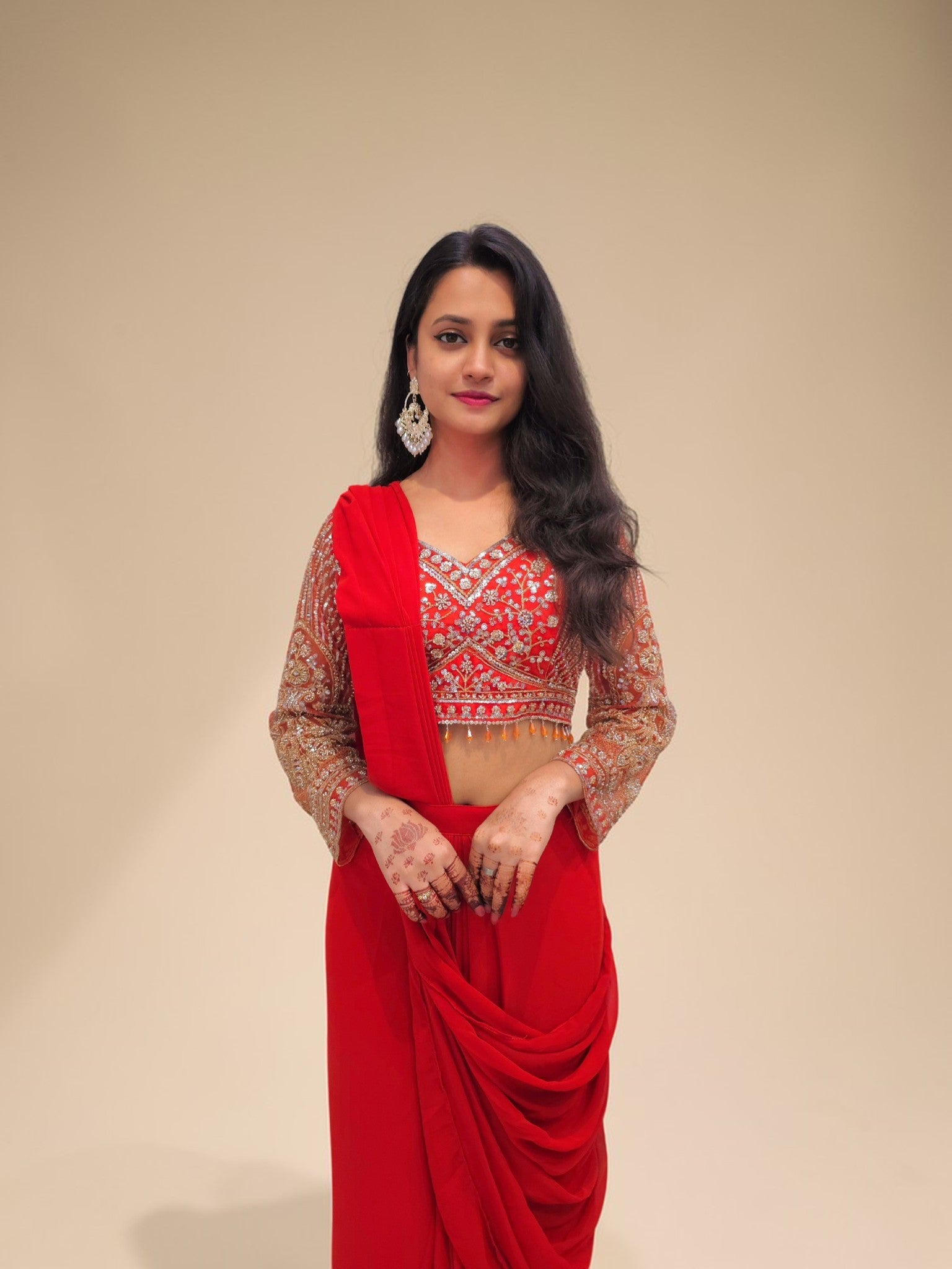 Elegant fusion saree look with draped skirt style saree