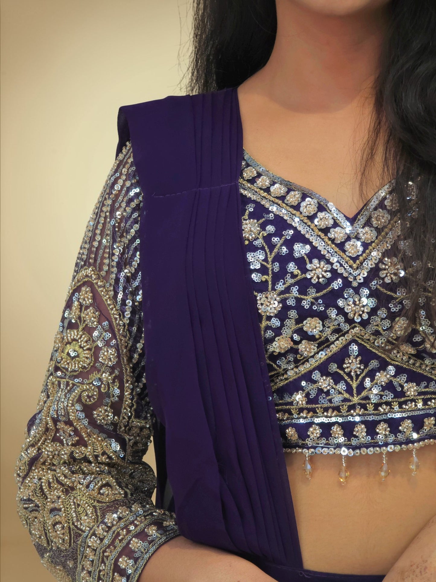 Elegant fusion saree look with crop top and draped saree skirt