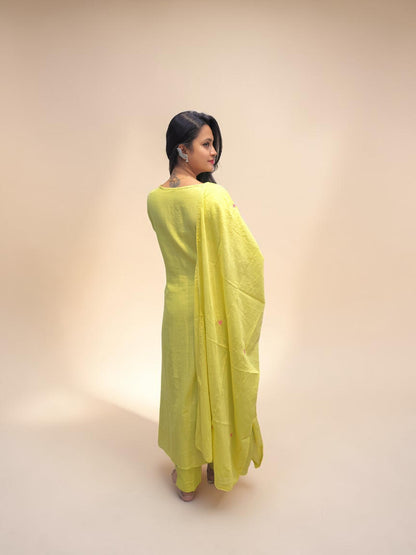 Stylish light lemon green embroidered kurta set