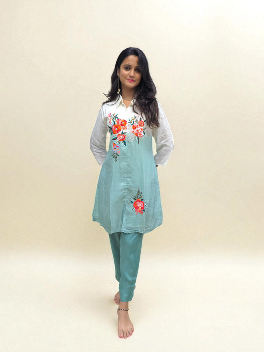 Pure crepe co-ord set featuring intricate hand embroidery on the kurta