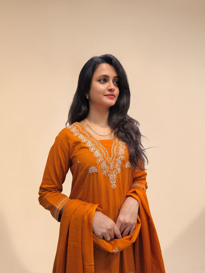 Comfortable A line cotton kurta set with embroidery for women