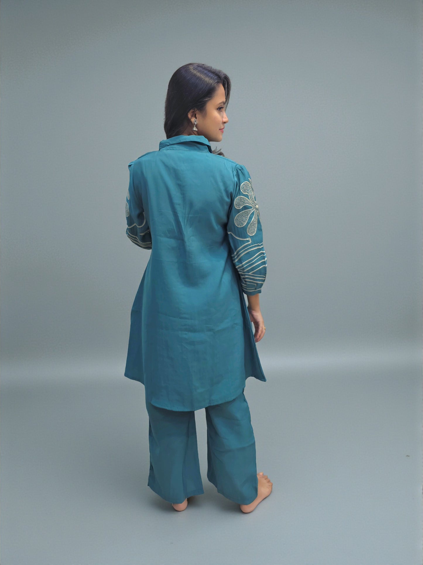 Comfortable and elegant teal embroidered co-ord outfit for women – Ambika Boutique online store