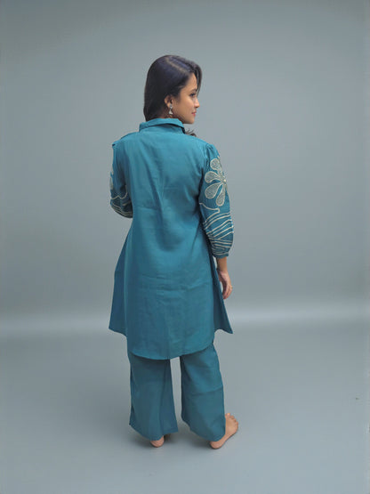 Comfortable and elegant teal embroidered co-ord outfit for women – Ambika Boutique online store