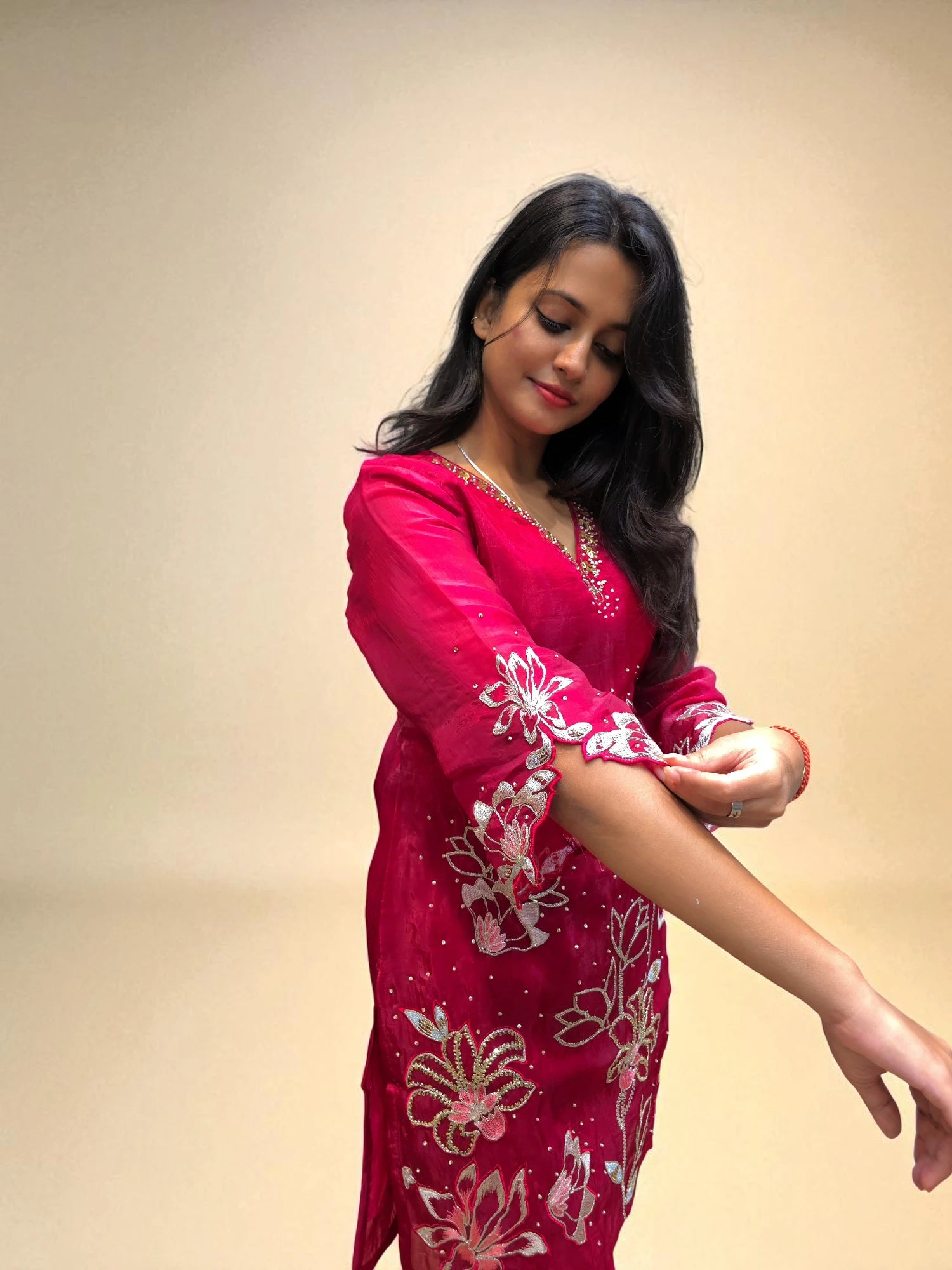 Stylish red embroidered co-ord outfit – women’s ethnic fashion