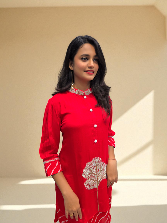 Stylish red leheriya print co-ord set for women – traditional yet modern festive wear from Ambika Boutique