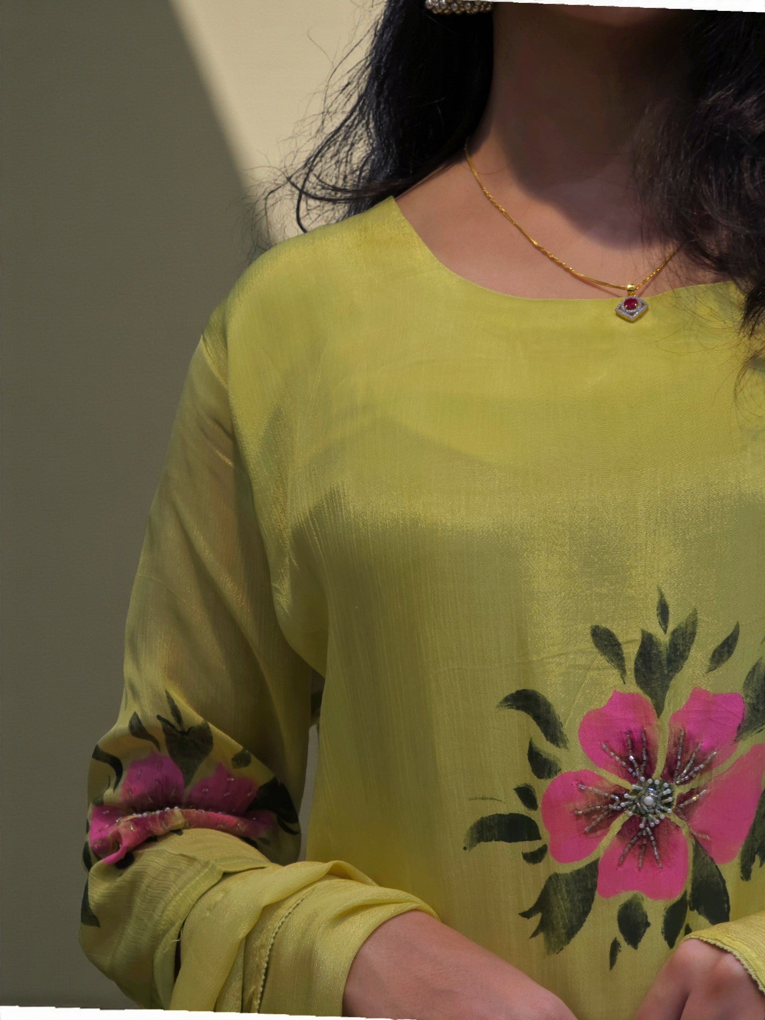 Summer festive pure chinnon A-line kurta set with soft flowy fabric