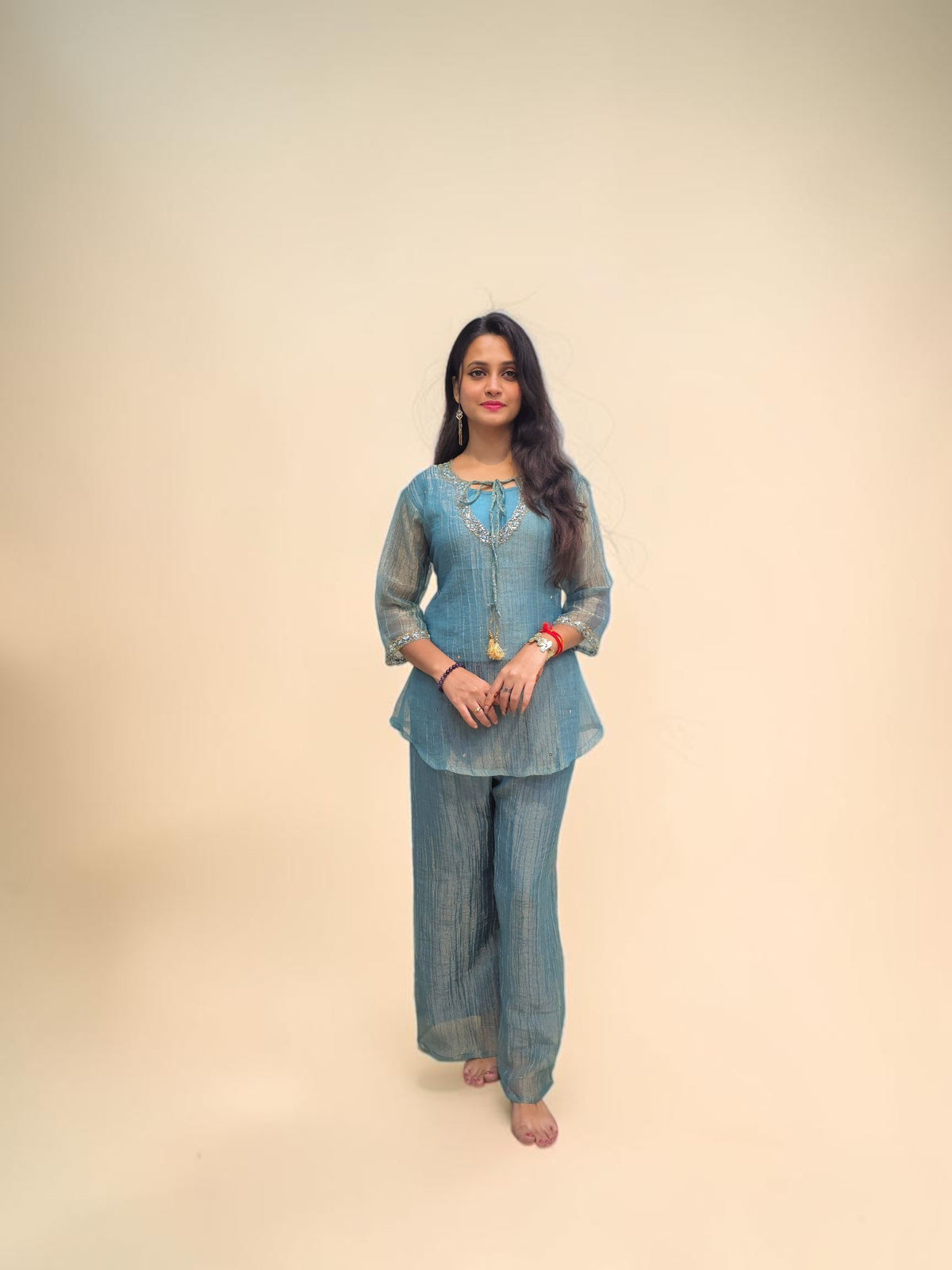 Teal blue designer cord set with embroidered neckline for women