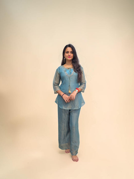 Teal blue designer cord set with embroidered neckline for women