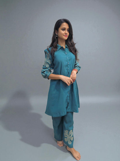 Teal embroidered co-ord set for women with sleeve detailing – Ambika Boutique