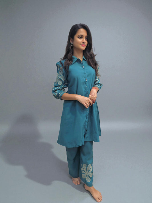 Teal embroidered co-ord set for women with sleeve detailing – Ambika Boutique