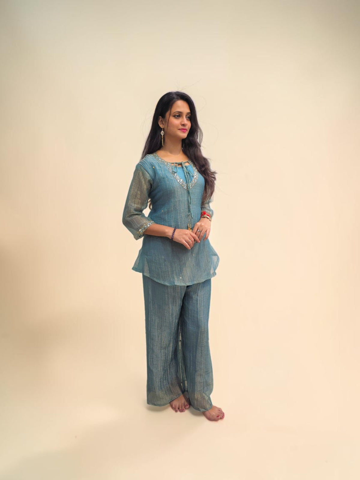 Women's teal blue embroidered co ord set with wide leg pants