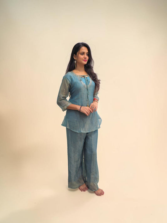 Women's teal blue embroidered co ord set with wide leg pants