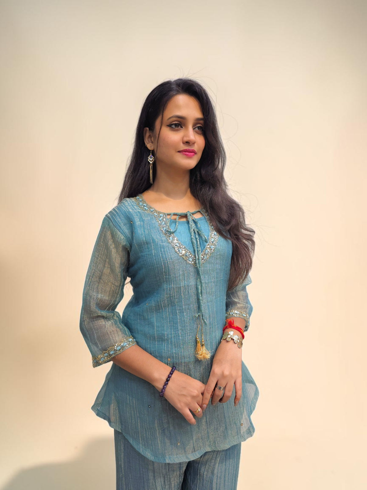 Elegant teal blue co ord outfit with sheer sleeves