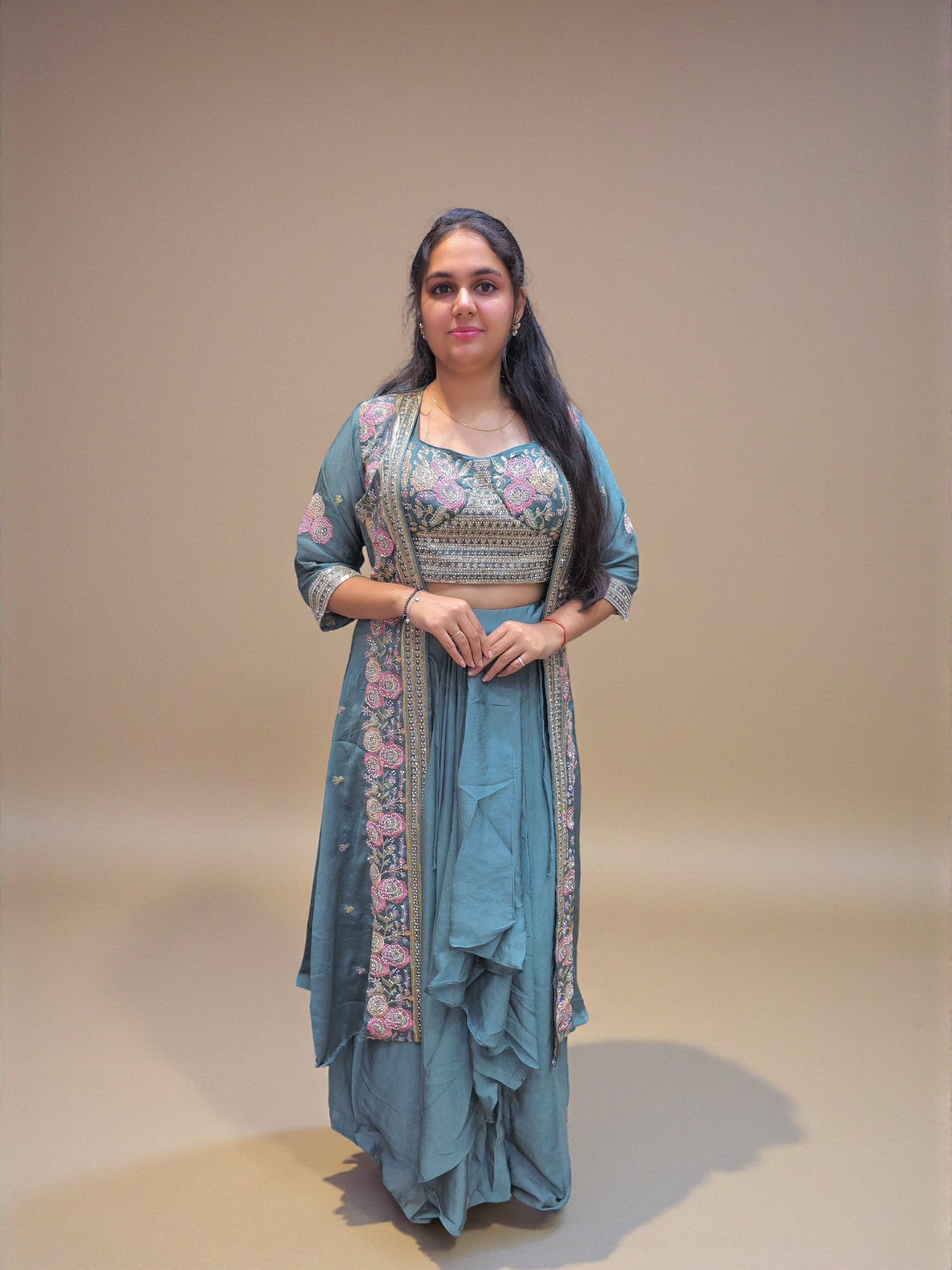 Teal blue embroidered crop top dhoti skirt with shrug
