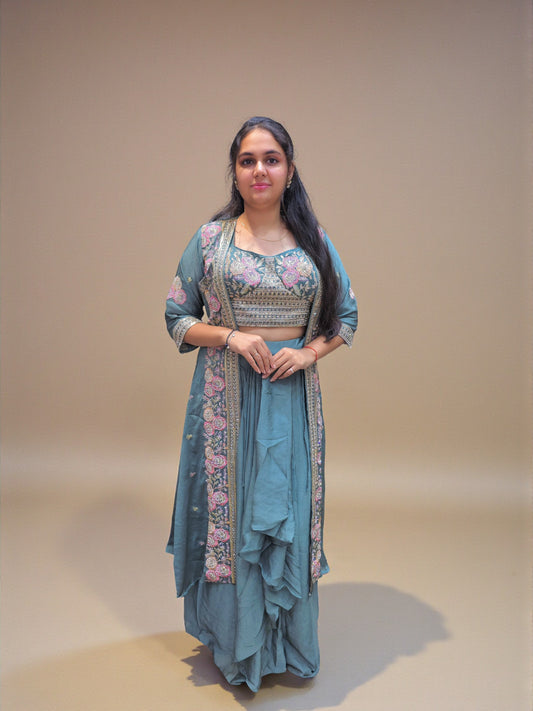 Teal blue embroidered crop top dhoti skirt with shrug