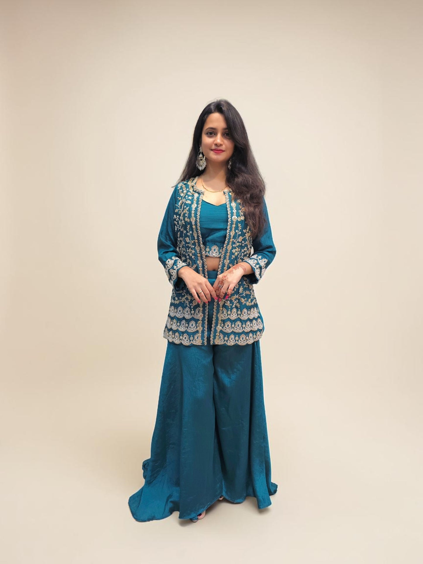 Teal indo western crop top jacket palazzo set for women
