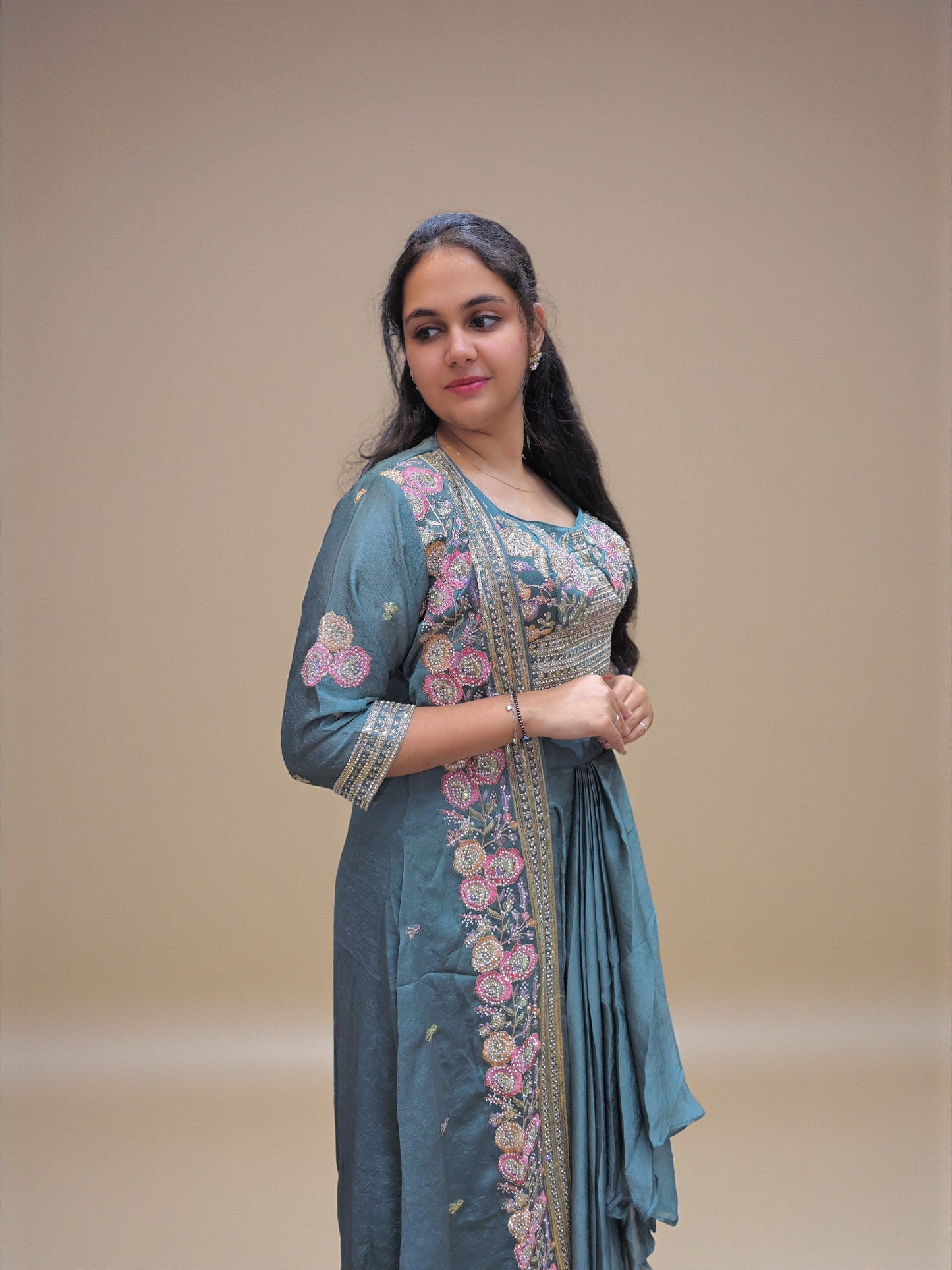 Teal blue fusion wedding outfit for women