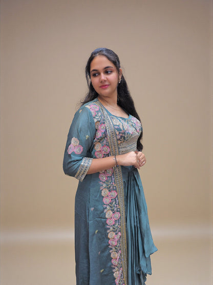 Teal blue fusion wedding outfit for women