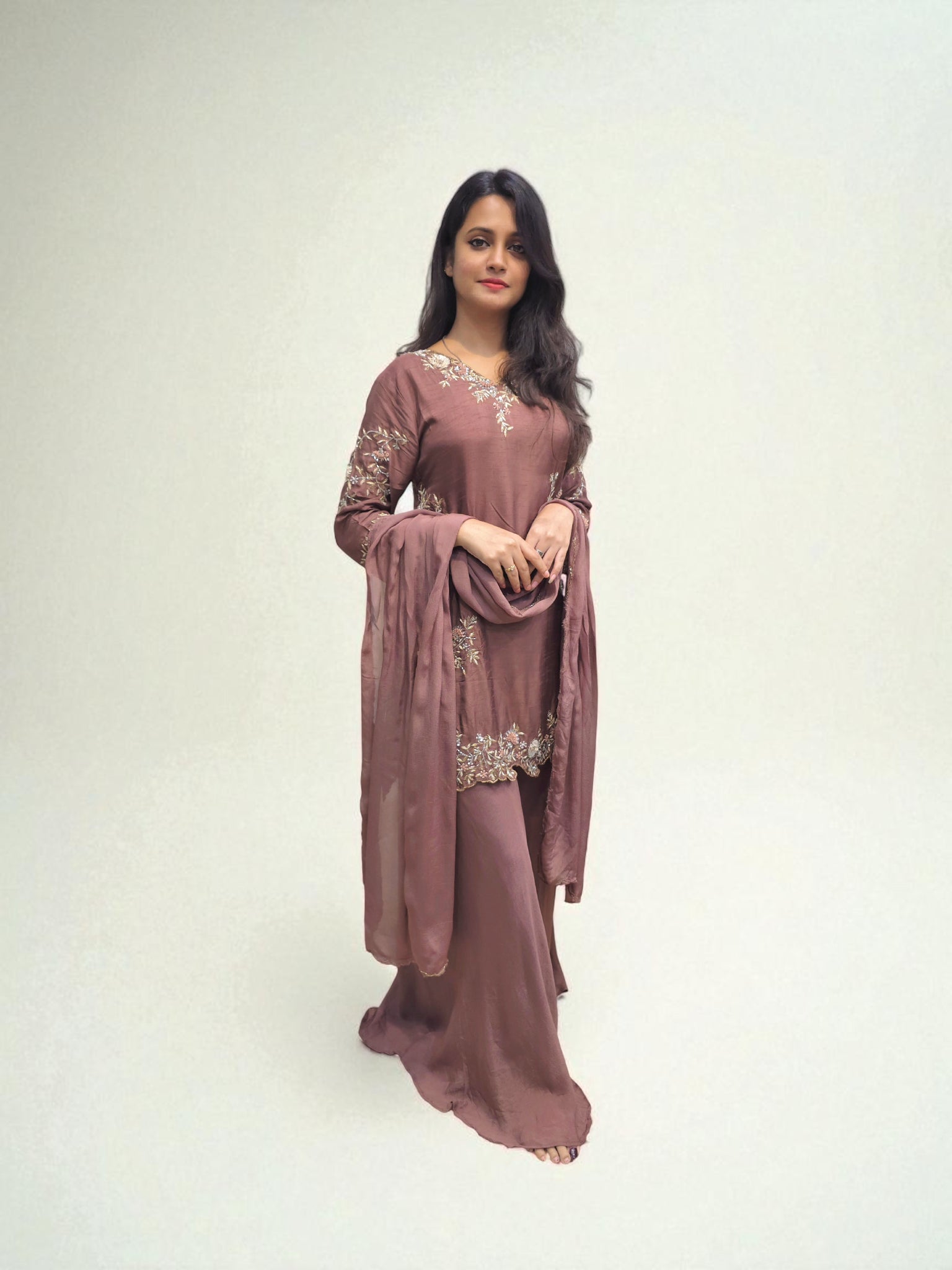 Traditional brown embroidered palazzo suit with dupatta