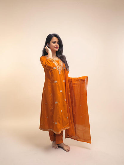 Traditional embroidered cotton kurta set for women orange color
