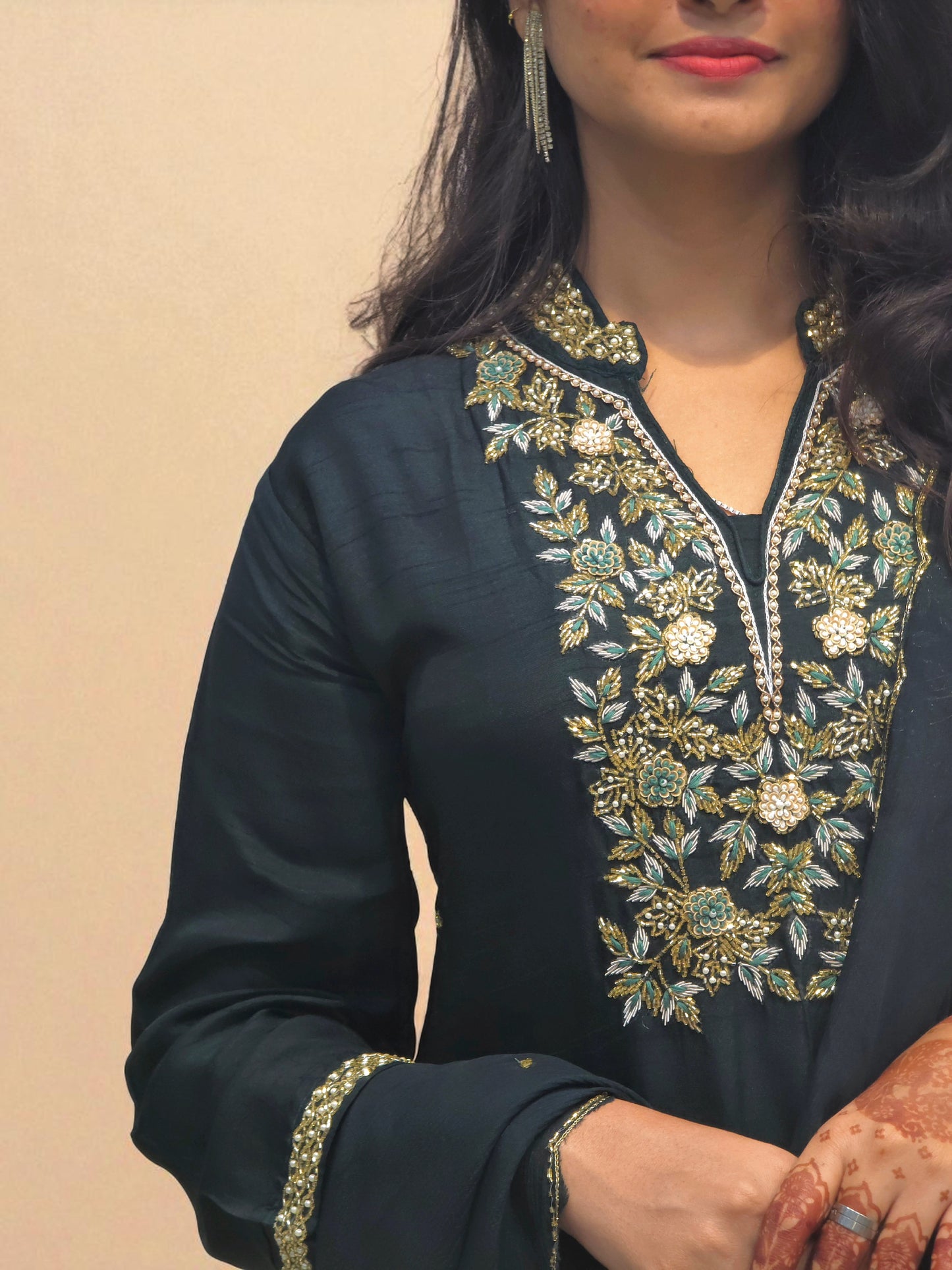 Traditional dark green embroidered suit set with dupatta