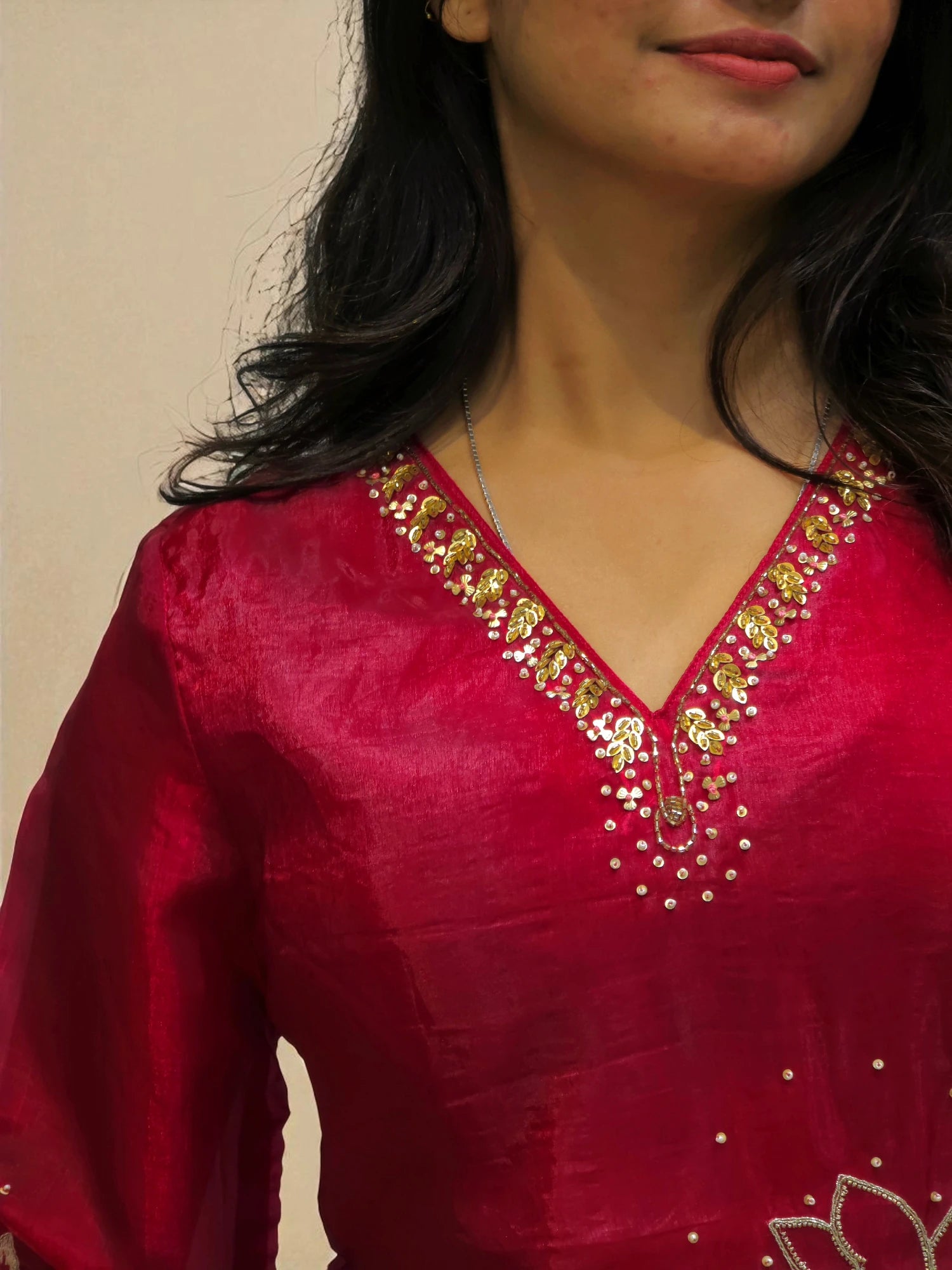 Traditional red embroidered co-ord set for parties and occasions