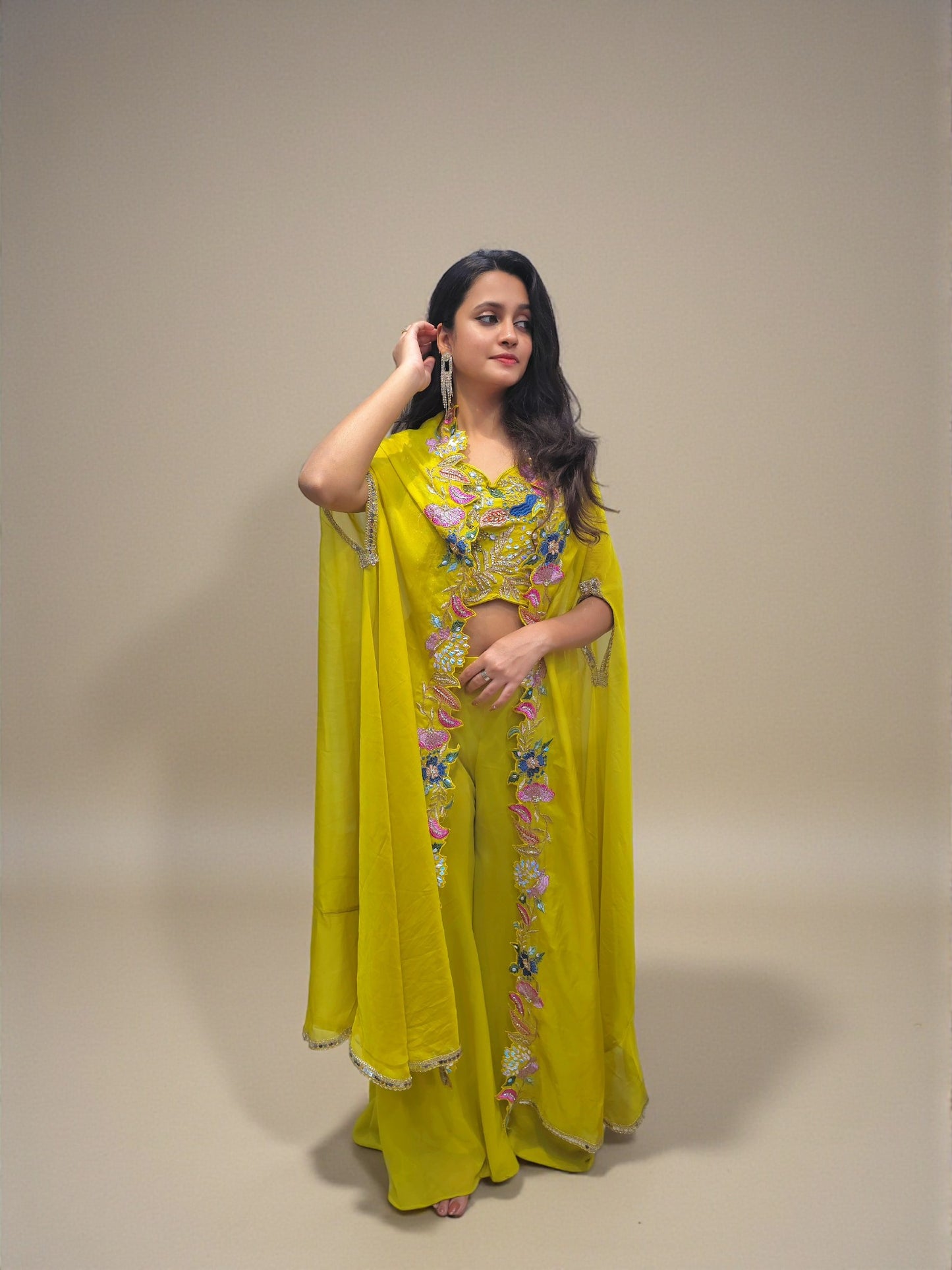 Wedding function crop top palazzo outfit with colorful embroidery