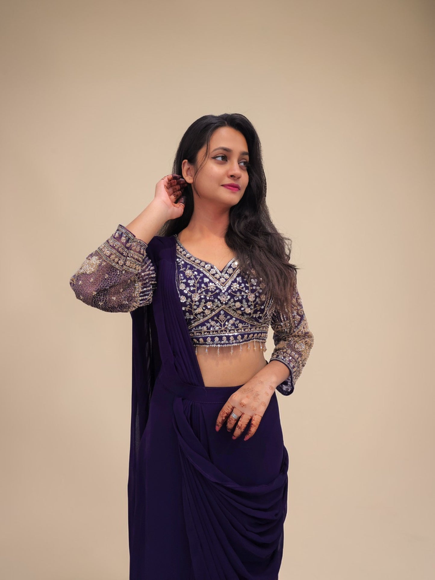 Party wear purple drape saree with heavy embroidery crop top