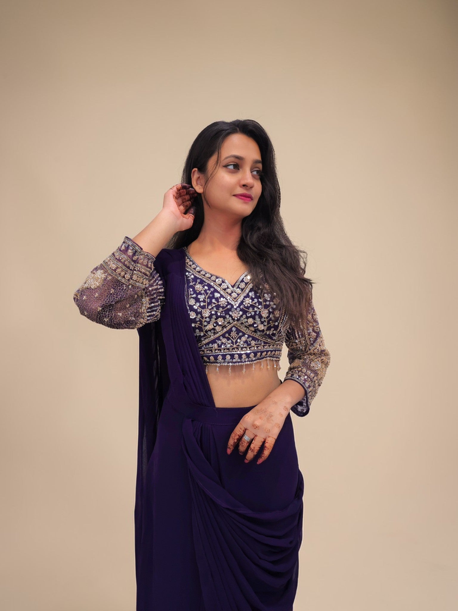Party wear purple drape saree with heavy embroidery crop top
