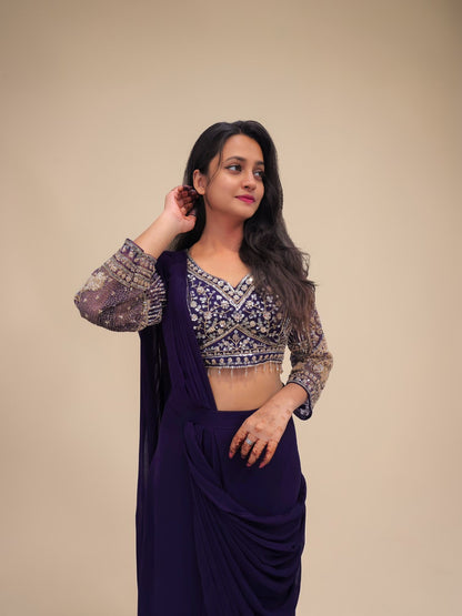 Party wear purple drape saree with heavy embroidery crop top