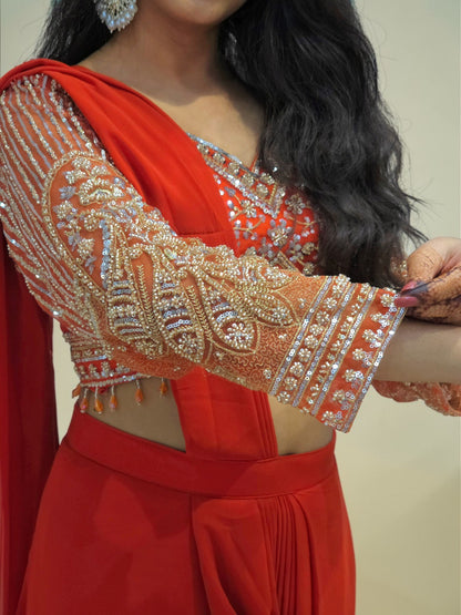 Party wear rust orange ready to wear saree with heavy embroidery