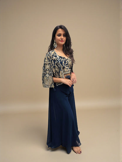 Designer navy blue palazzo set with short embroidered shrug