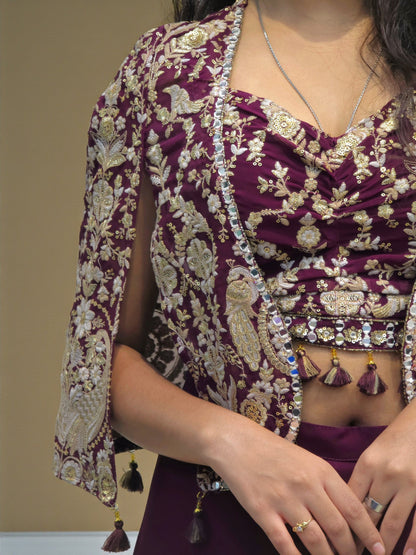 Designer wine color palazzo set with short shrug