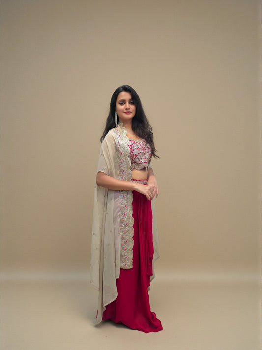 Wedding wear crop top dhoti skirt with heavy embroidery and shrug