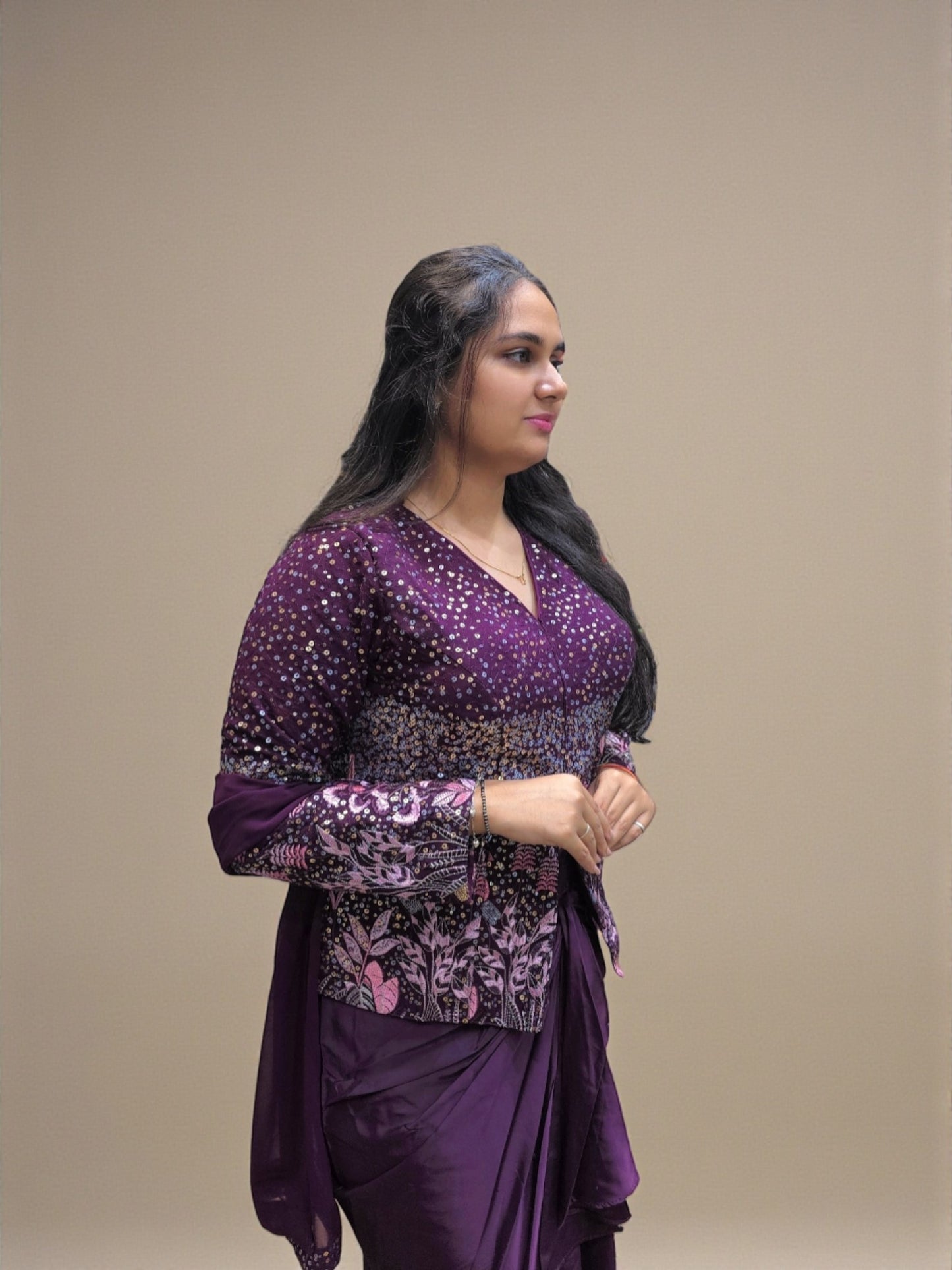 Designer wine fusion ethnic wear with dupatta