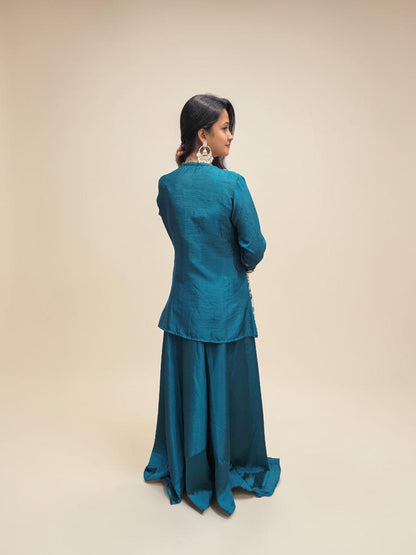 Wedding Wear Teal Jacket Style Palazzo Set