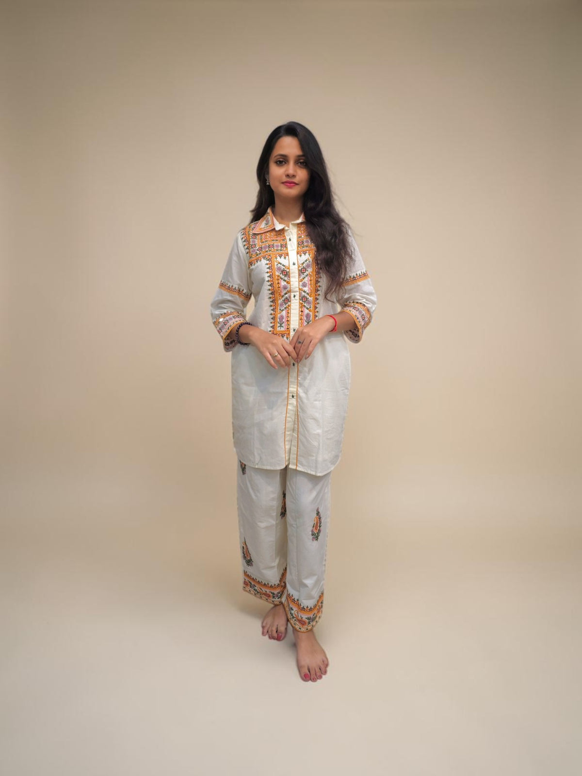White designer cotton cord set with multicolour embroidery for women