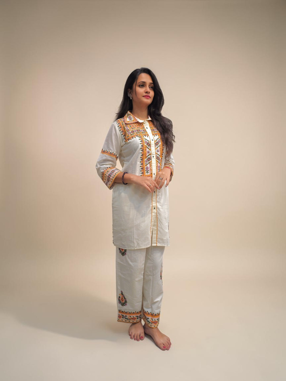 Women's white cotton co ord set with printed embroidered detailing
