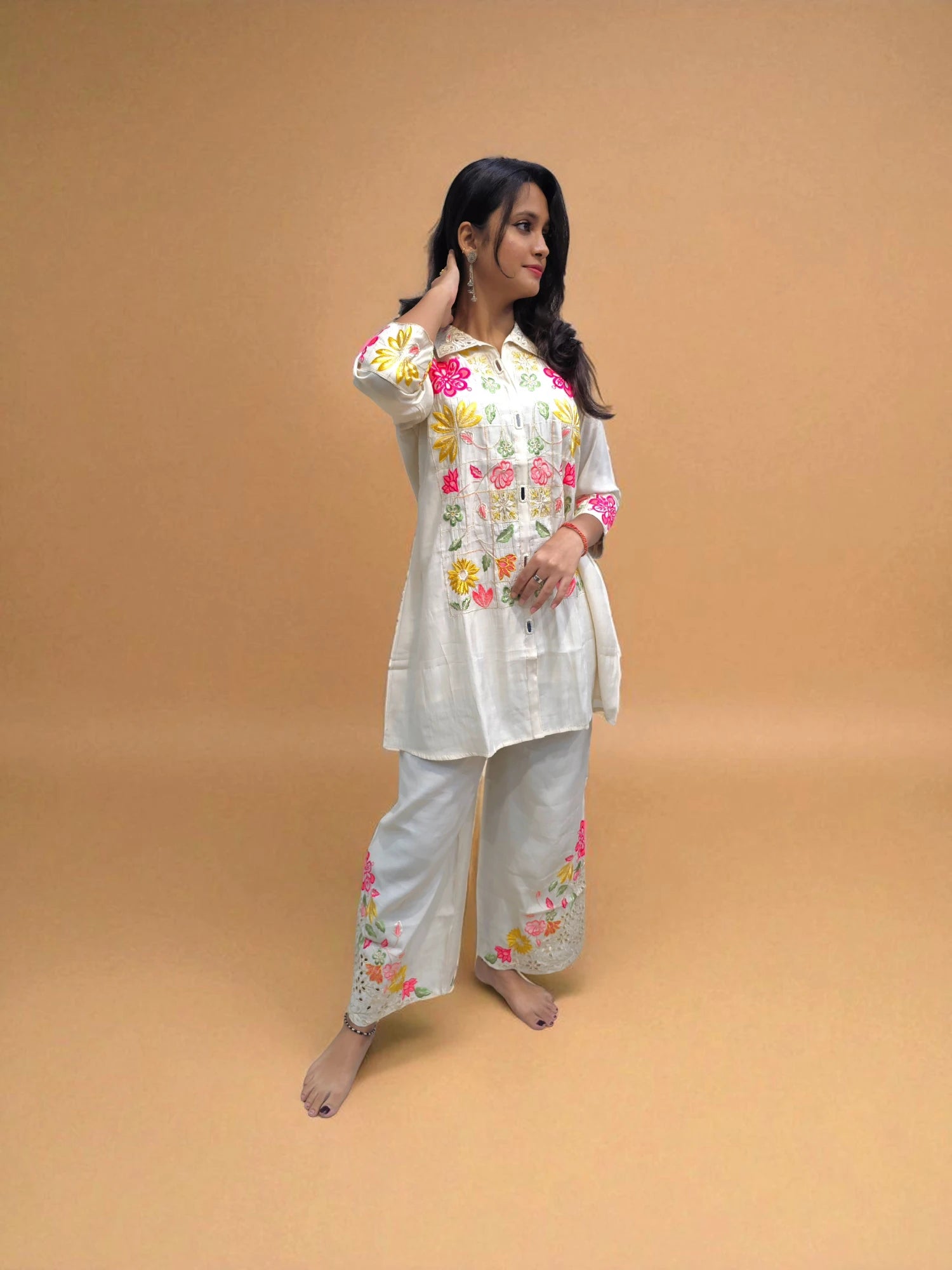Designer women’s co-ord set with floral embroidery and matching pants – Ambika Boutique