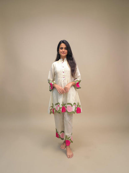 White mul cotton embroidered cord set for women