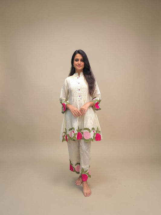 White mul cotton embroidered cord set for women