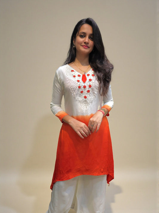 White orange ombre kurta palazzo co ord with embroidery
