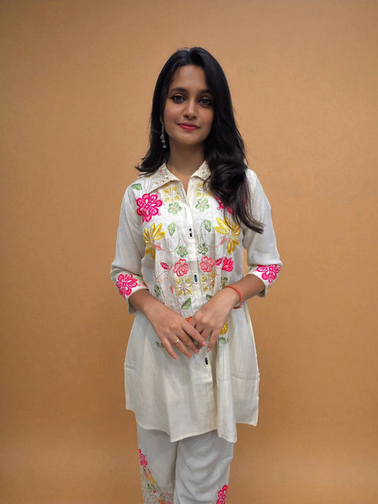 White floral embroidered co-ord set for women – Ambika Boutique ethnic wear