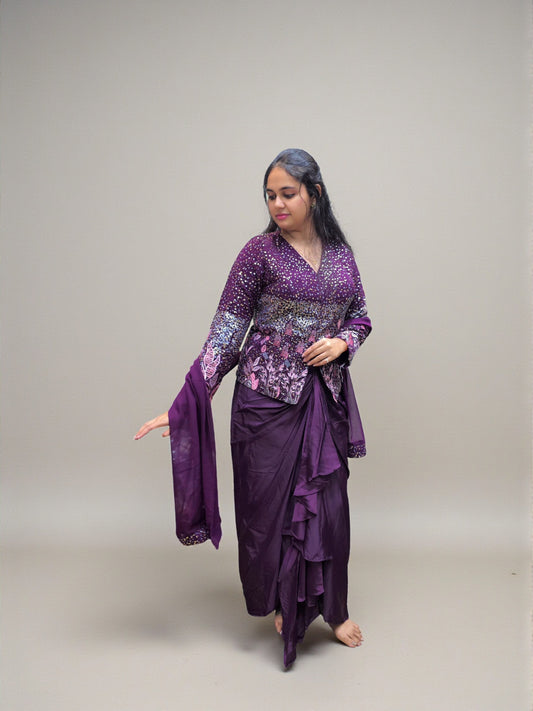 Wine color dhoti skirt set with embroidered top