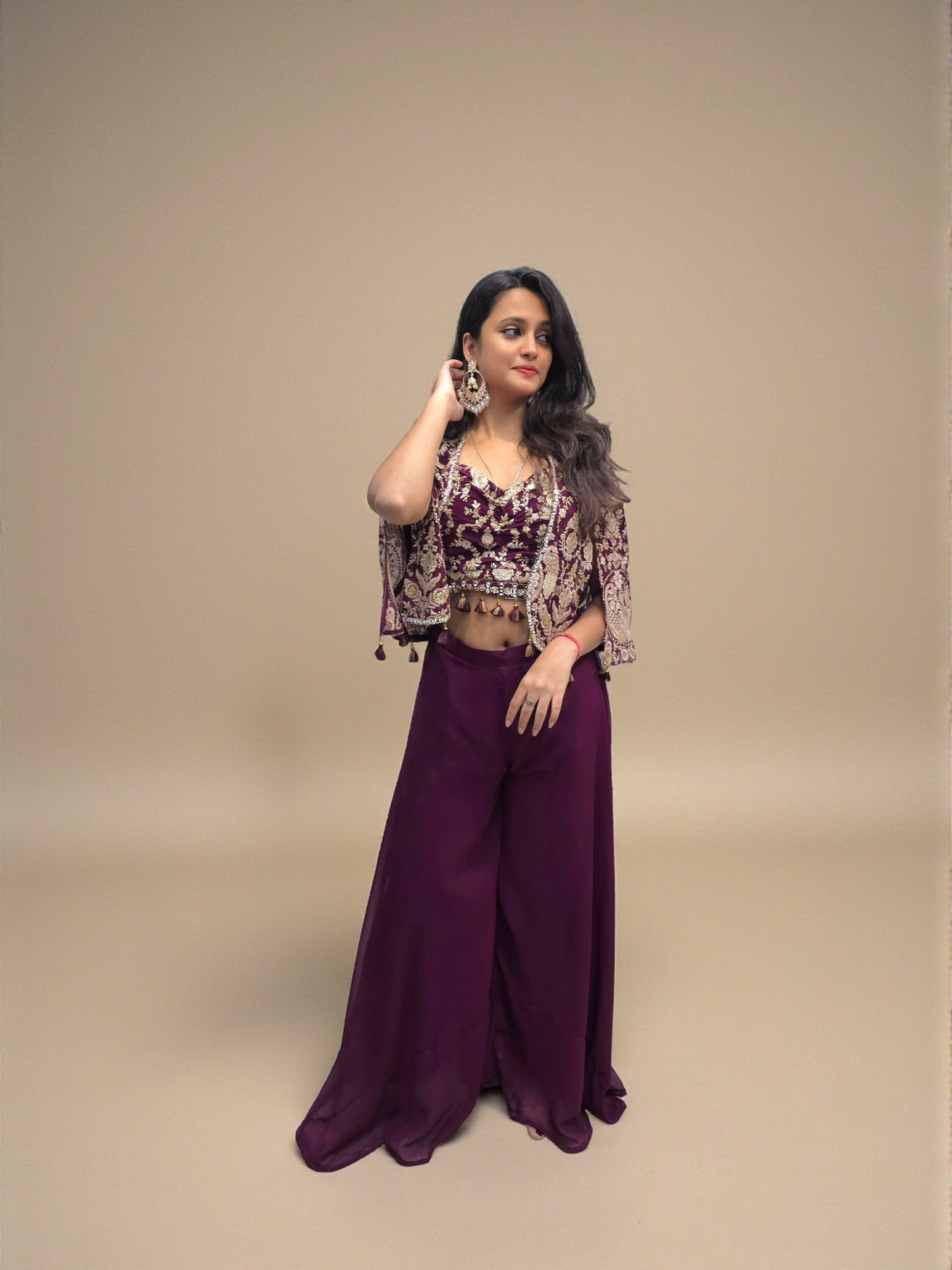 Wine color embroidered crop top palazzo with short shrug