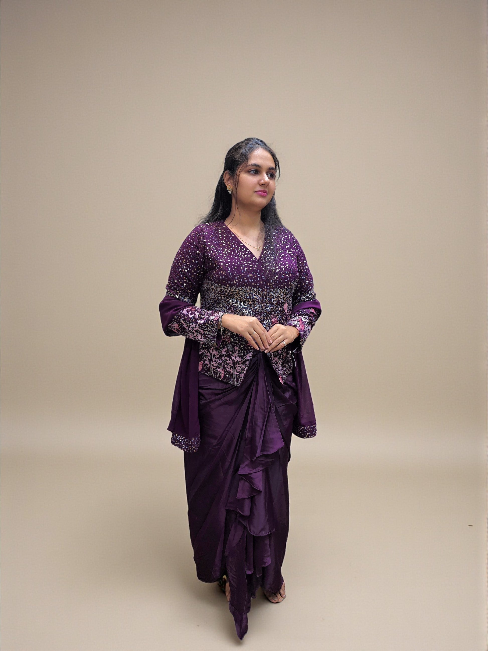 Wine embroidered indo western top with dhoti skirt and dupatta