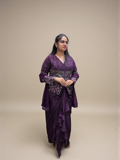 Wine embroidered indo western top with dhoti skirt and dupatta