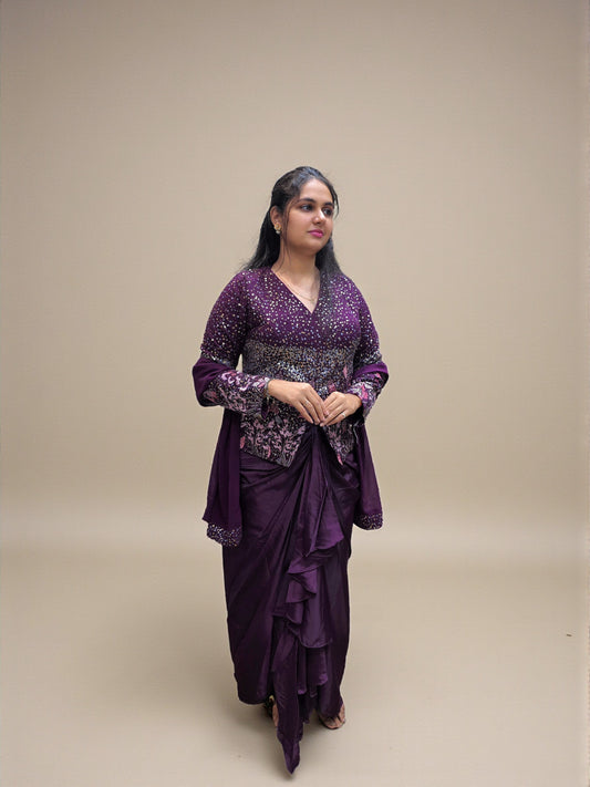 Wine embroidered indo western top with dhoti skirt and dupatta
