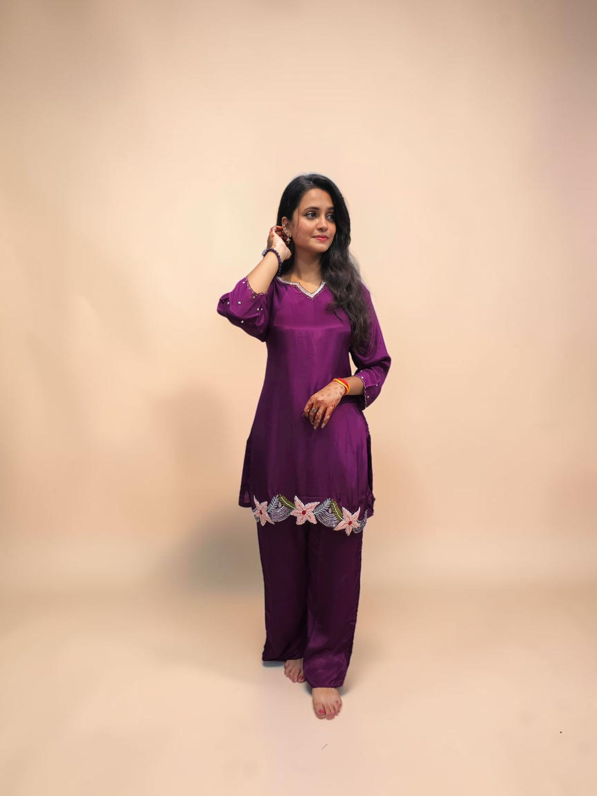 Wine purple designer handwork cord set for women